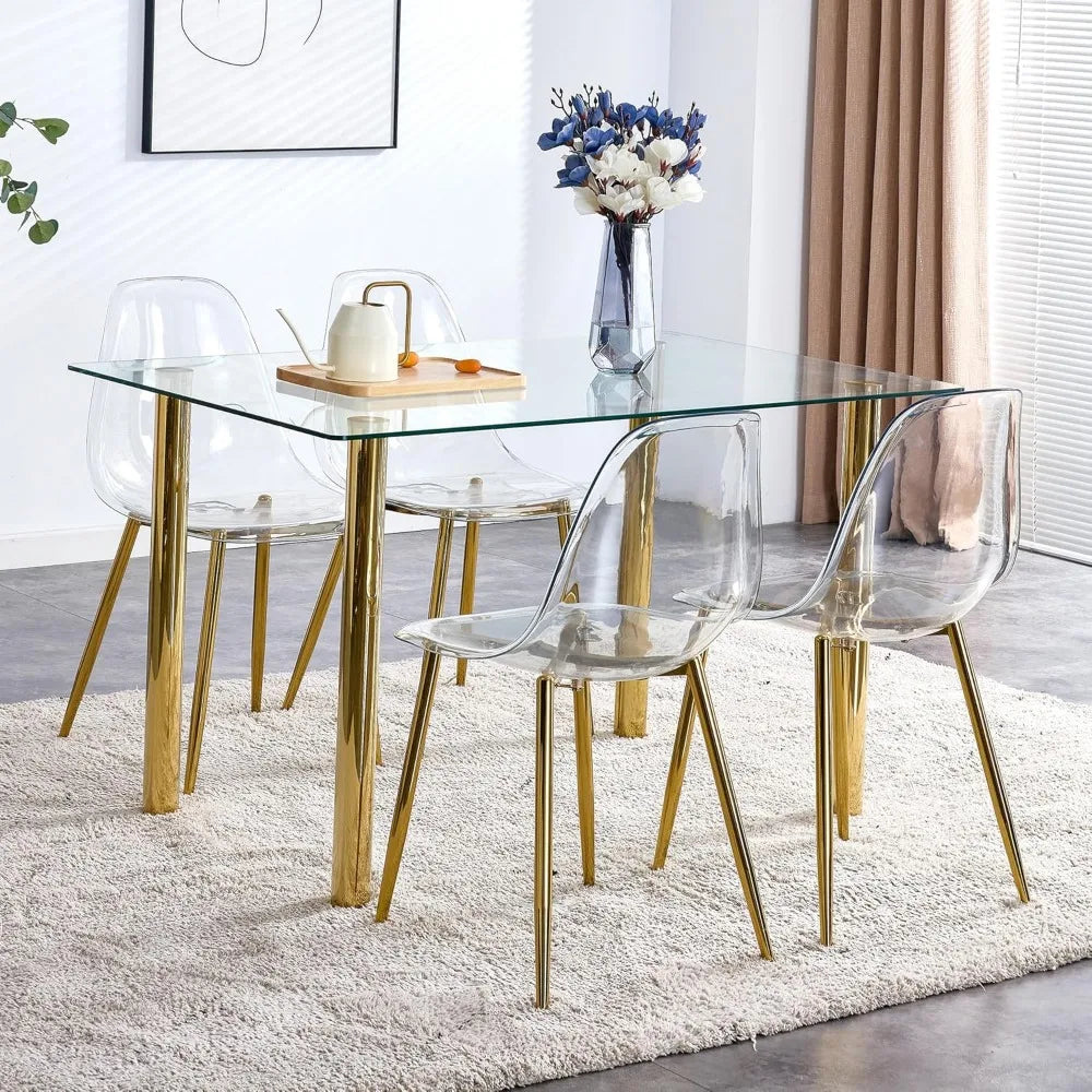 5 Pcs Modern Clear Glass Dining Table Set, 51'' Luxury Rectangular Kitchen Table Set, 4 Person Minimalist Dinner Room Table Set