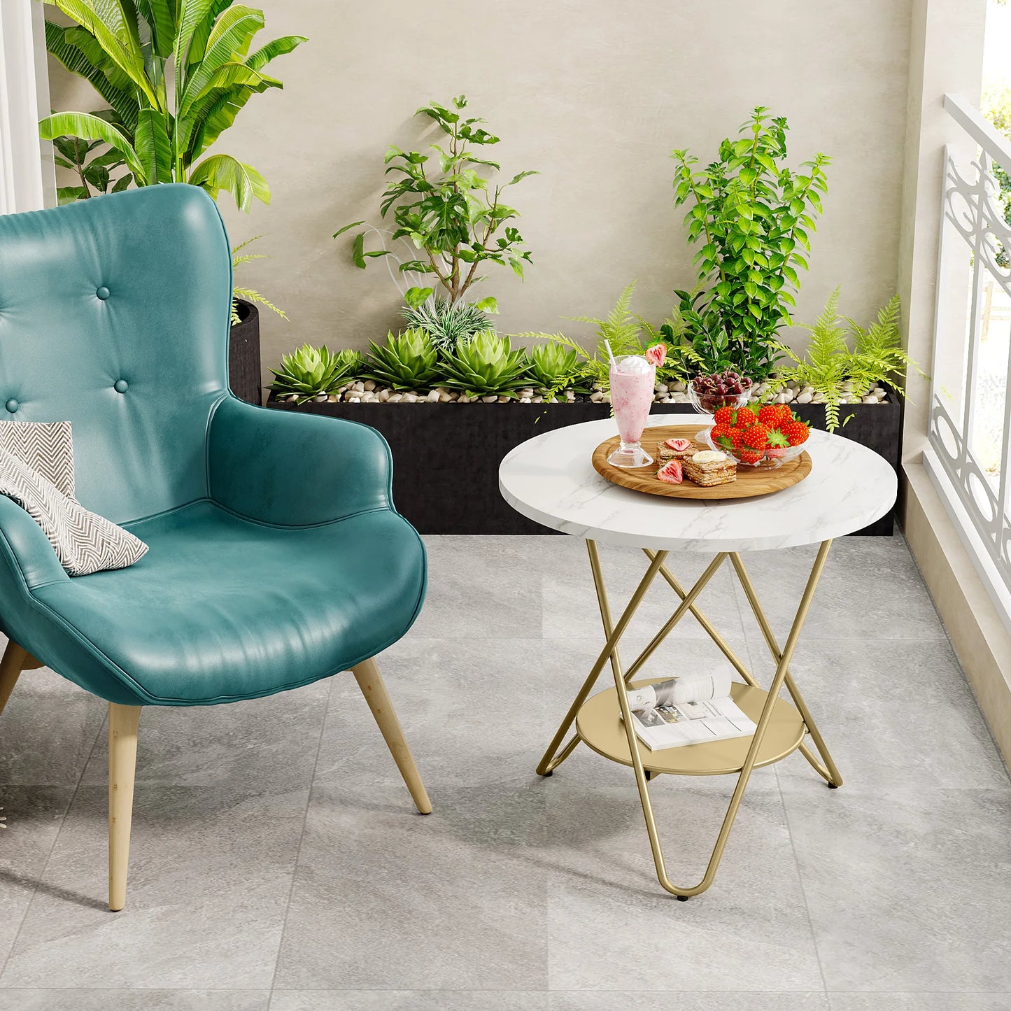 Tribesigns 2 Tier Faux Marble End Table Round Side Table with Shelves Small Coffee Accent Table for Living Room, White and Gold