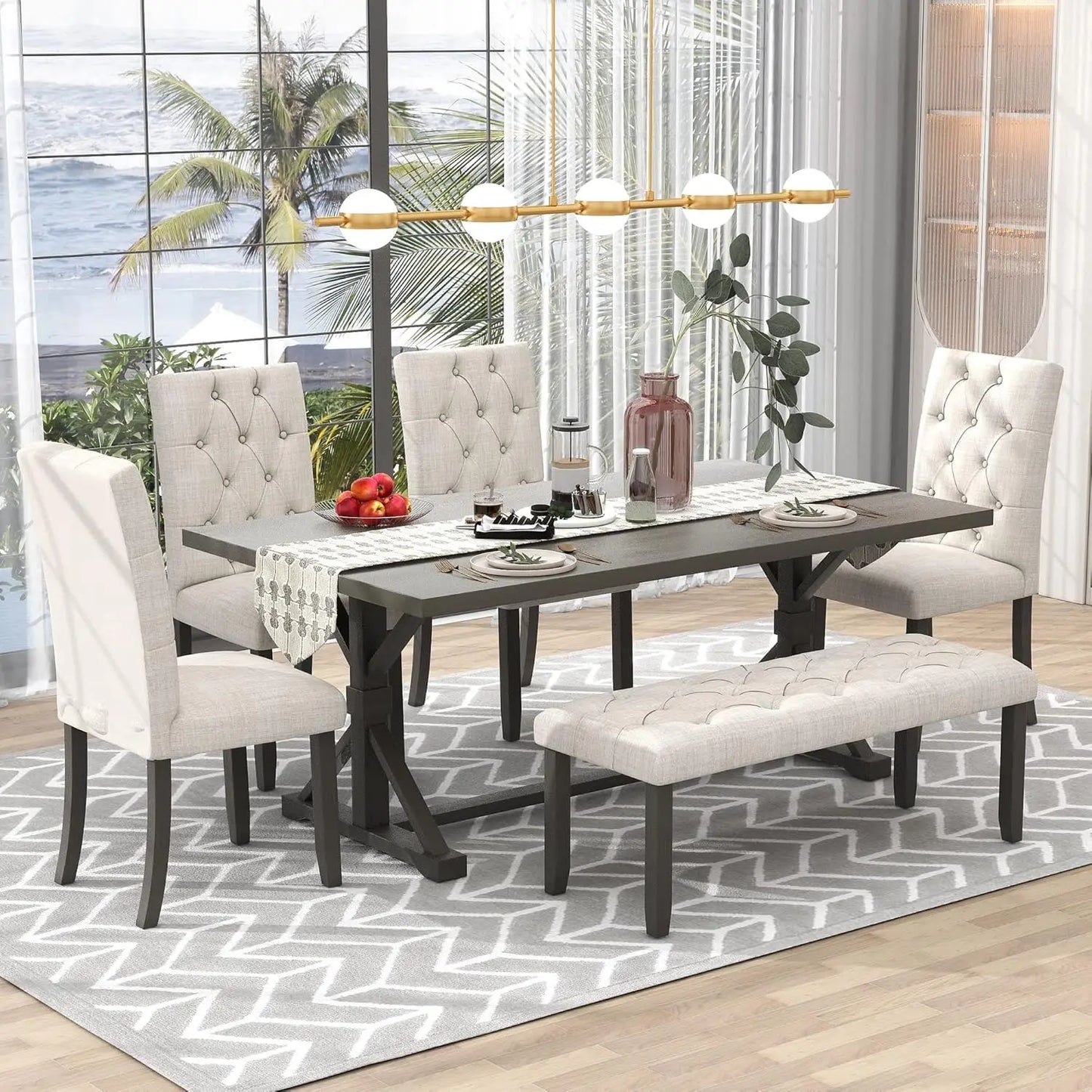 Farmhouse Dining Table Set for 6, Kitchen Table Set with Chairs and Bench, 6 Piece Solid Wood Dining Room Set with Trestle Table