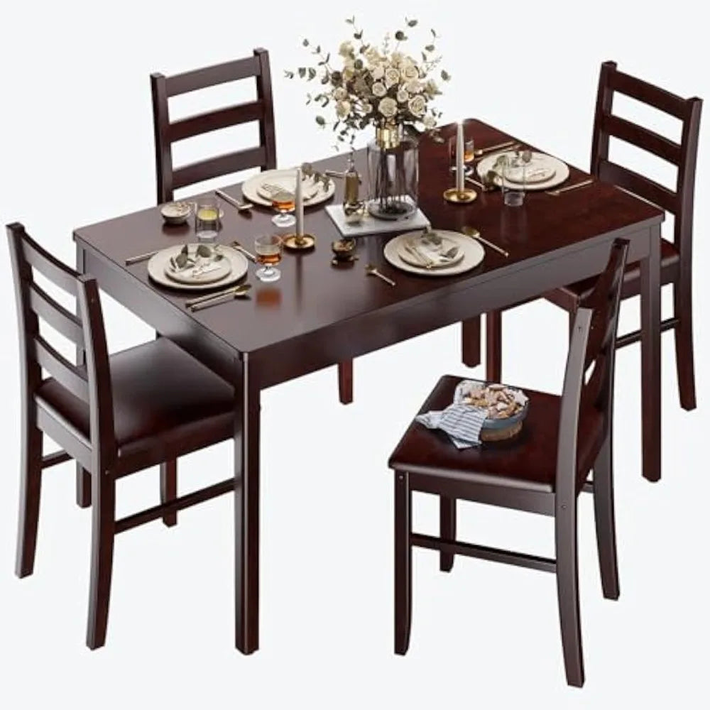 Wood Dining Table Set for 4, Compact Mid-Century Modern Table & Chair Set for Home, Padded Seats, Wooden Frame, Coffee