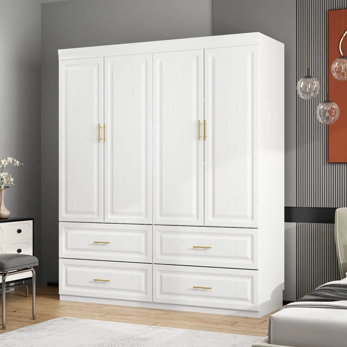 4 Door Wardrobe Closet with Drawers & Shelves