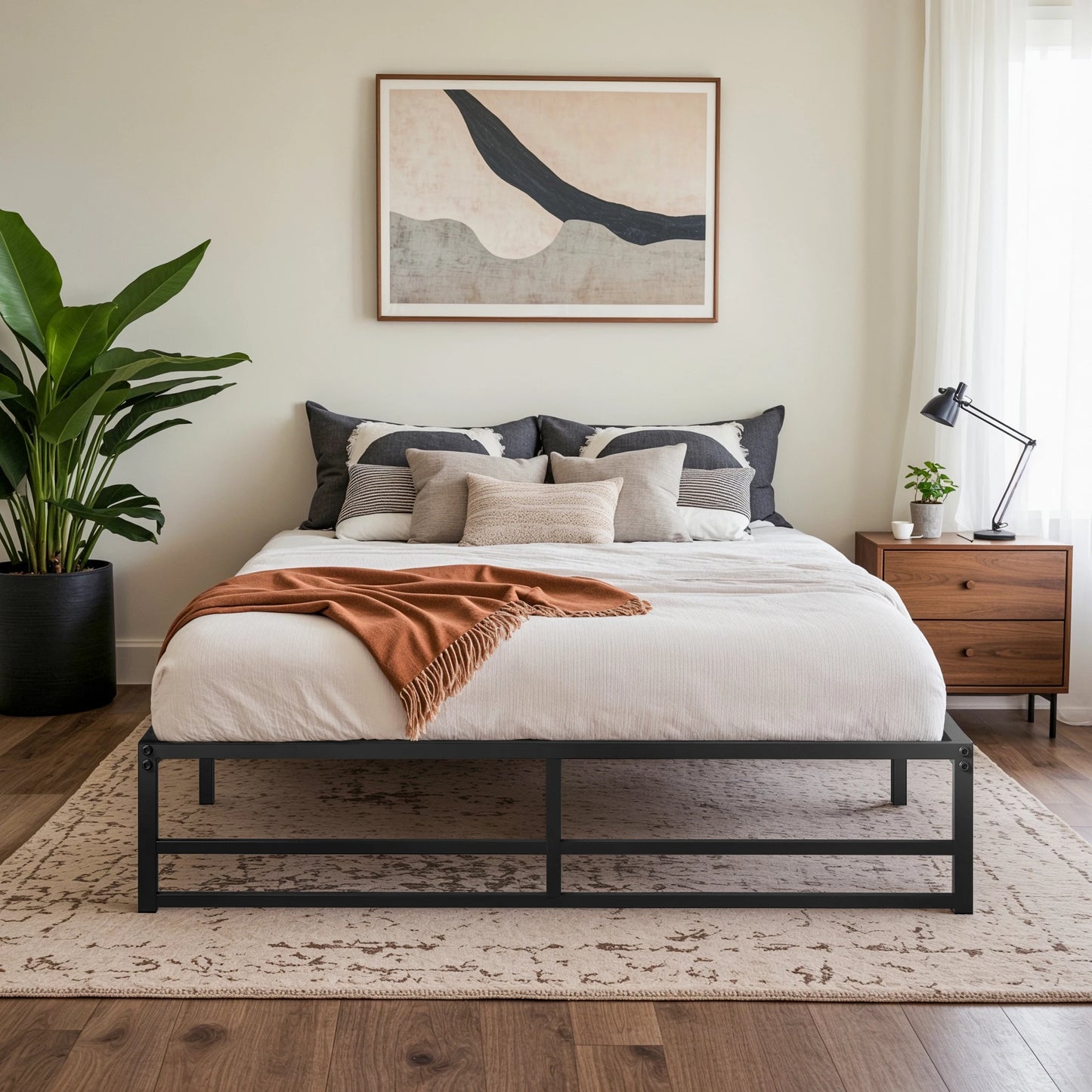 Metal Bed Frame, No Box Spring Needed - Queen, Full, King and Twin Sizes