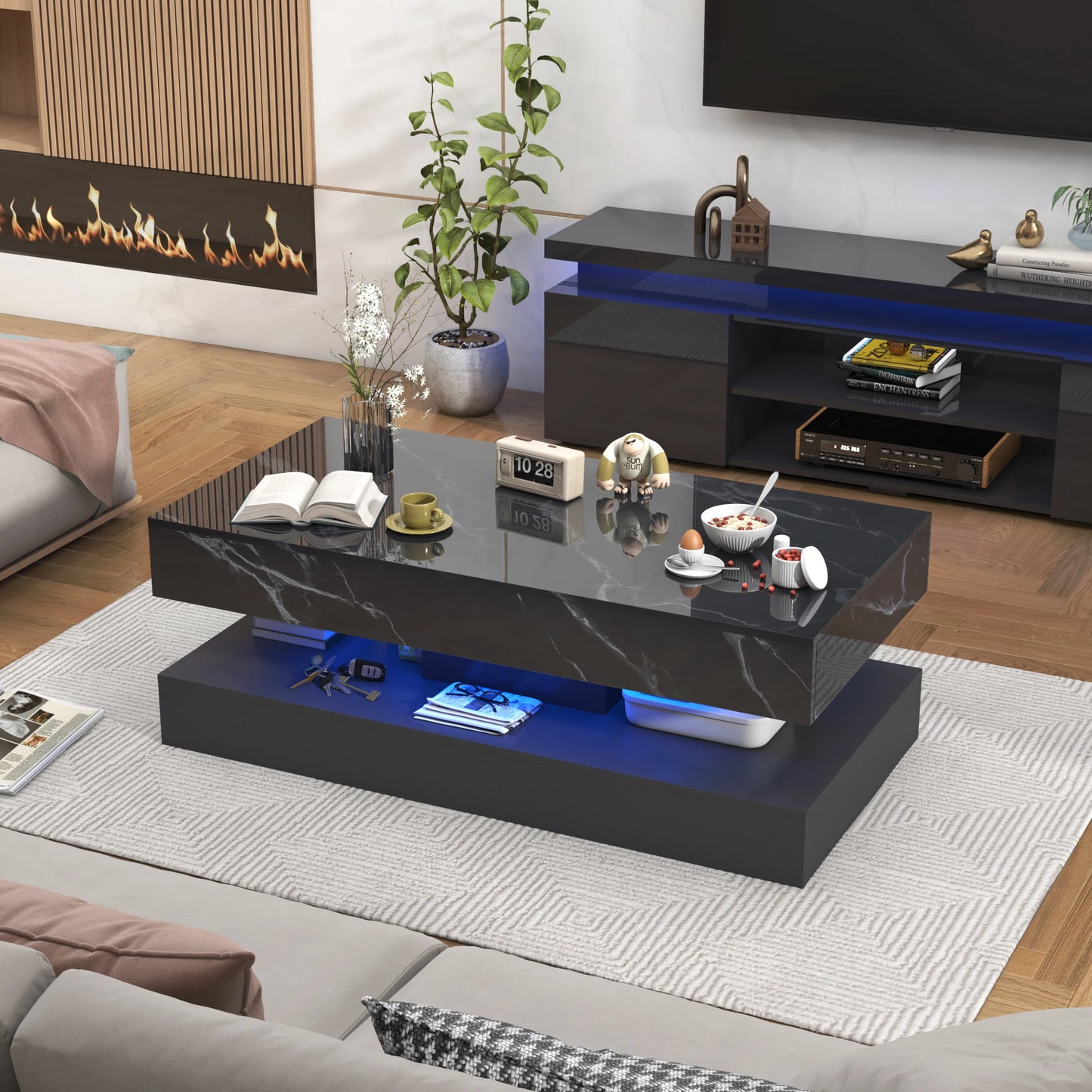 Modern Stylish Coffee Table with LED lights, Double-Layer Design for Living Room Coffee Table with 2 Storage Drawers
