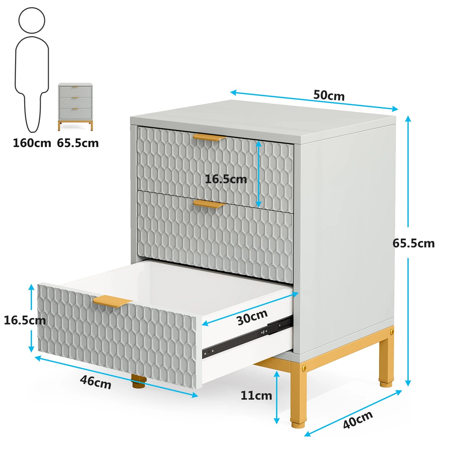 Tribesigns Modern Nightstand, 65.5 cm Tall Bedside Table with 3 Drawers, Contemporary End Side Table with Storage