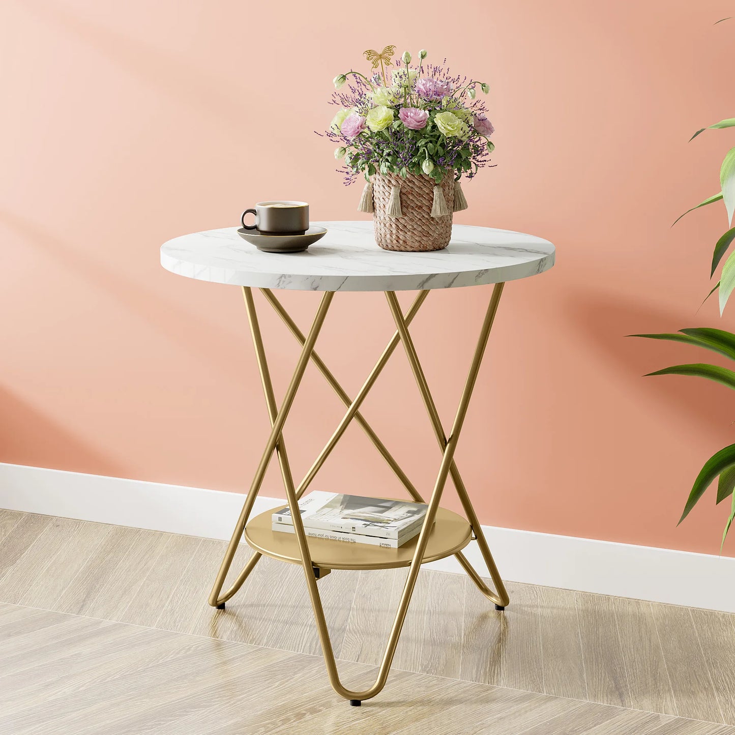 Tribesigns 2 Tier Faux Marble End Table Round Side Table with Shelves Small Coffee Accent Table for Living Room, White and Gold