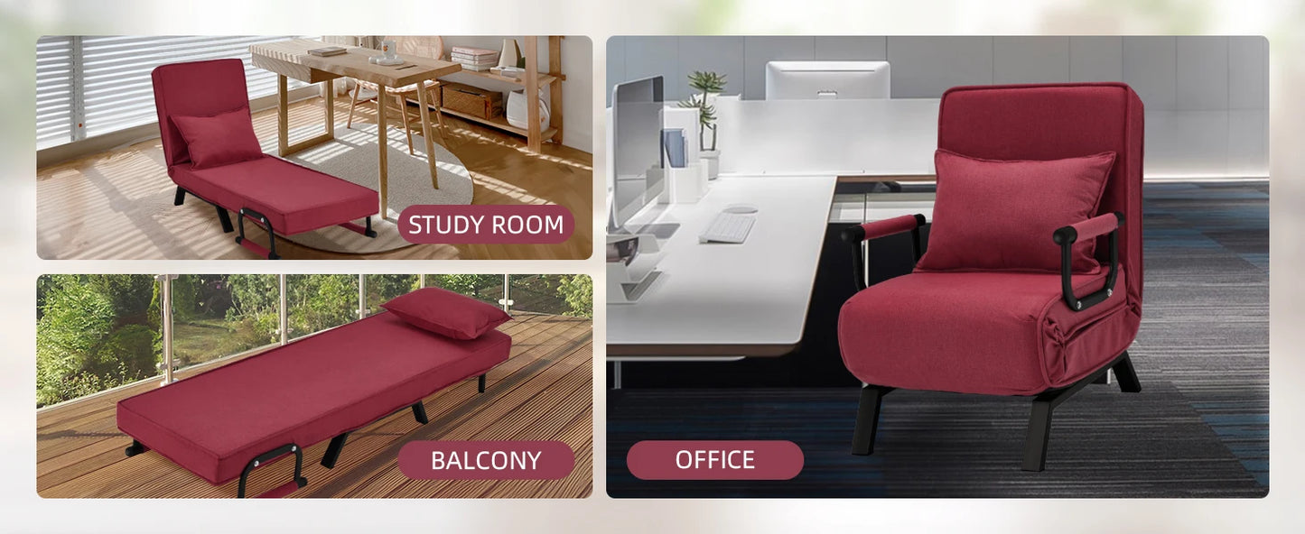 Convertible Chair, Tri-fold Upholstered Armchair Sleeper with Pillow