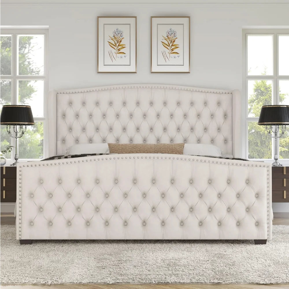 King& Queen Size Bed Frame, Velvet Upholstered