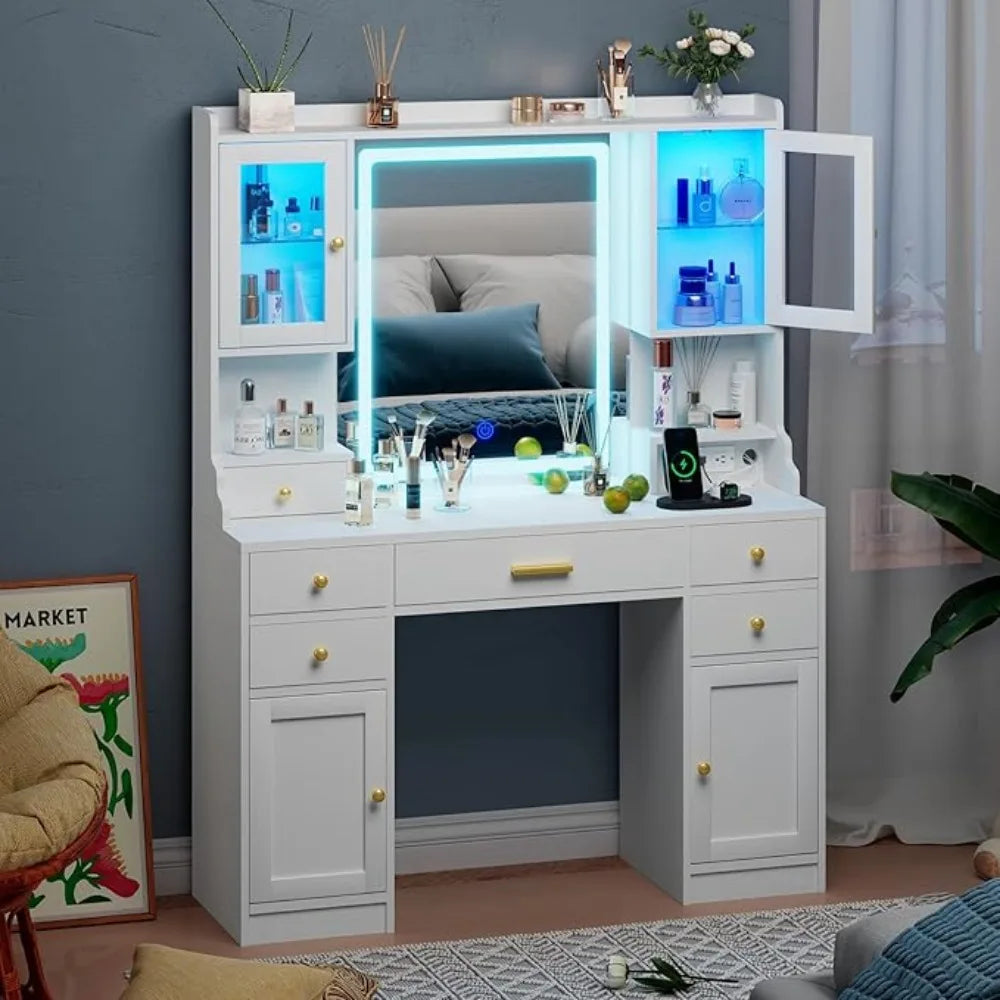 Vanity Table Set with Charging Station, Dresser with Mirror