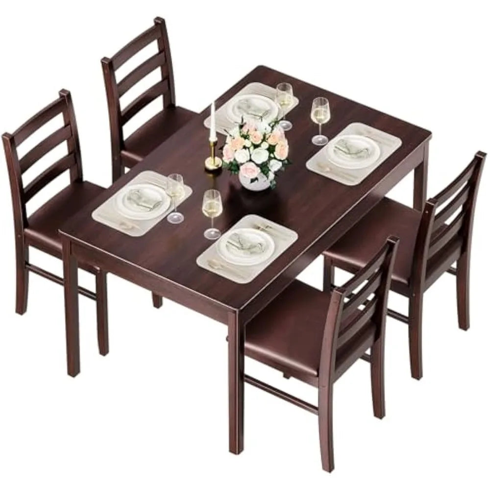 Wood Dining Table Set for 4, Compact Mid-Century Modern Table & Chair Set for Home, Padded Seats, Wooden Frame, Coffee