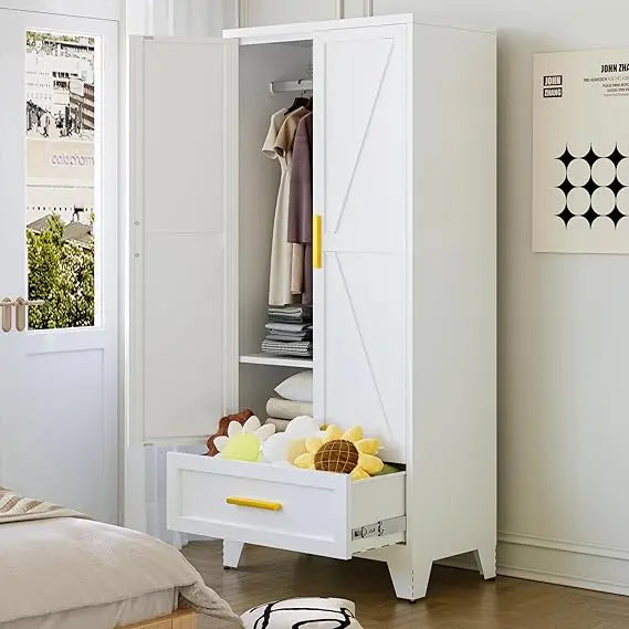 Metal Wardrobe Closet with Hanging Rod & 2 Barn Doors