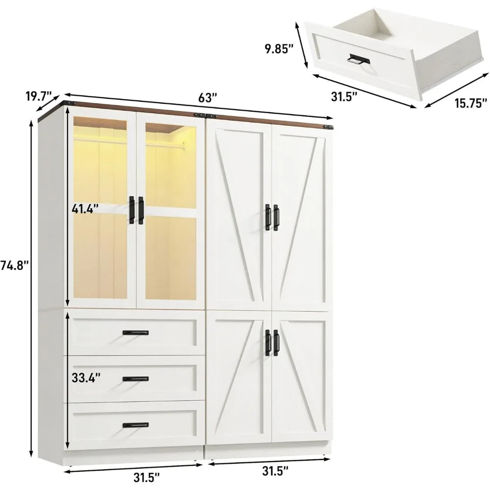 3 Drawers and LED Wardrobe with Hanging Rod