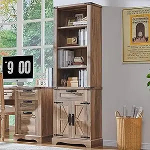 72'' Bookshelf with Storage, Bookcase with Barn Door