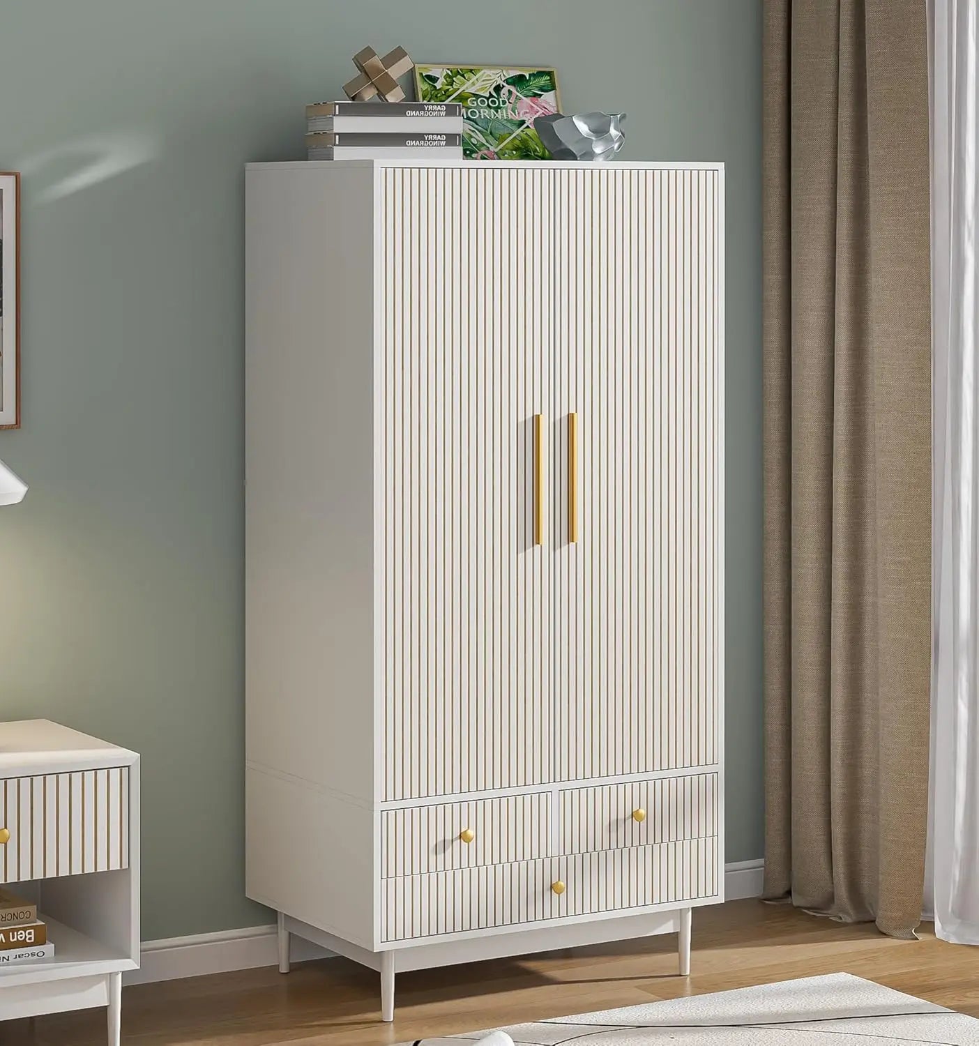 Wardrobe Closet with Drawers and 2 Fluted Doors