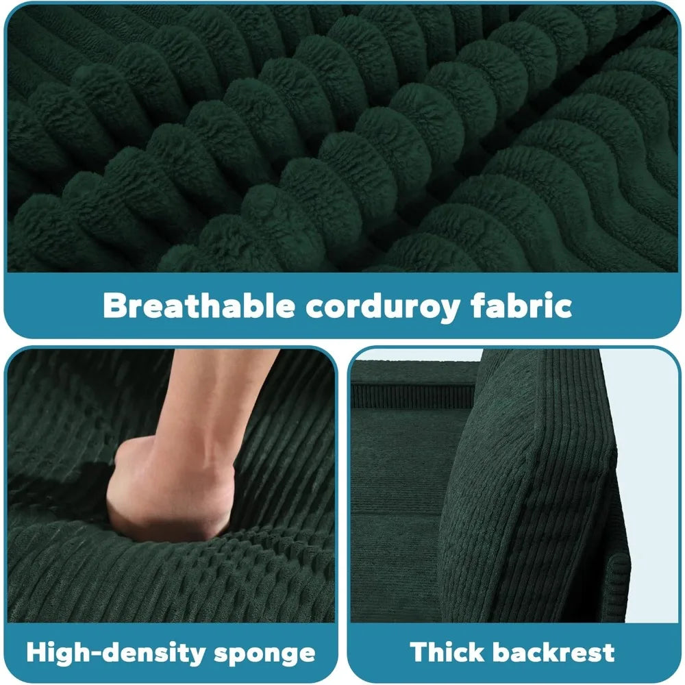 Corduroy Loveseat Couch, 3 Seater Retro Sofa with 4 Side Pockets