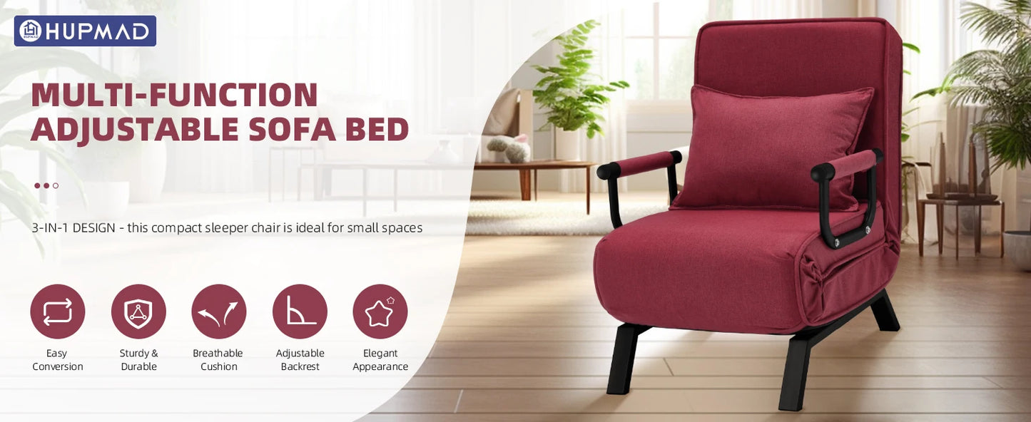 Convertible Chair, Tri-fold Upholstered Armchair Sleeper with Pillow
