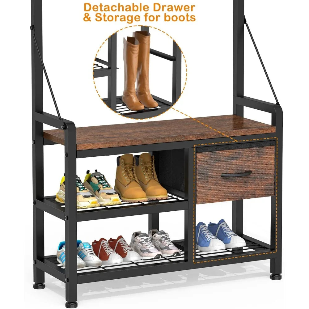 Shoe Bench and Coat Rack with Hooks and Drawers