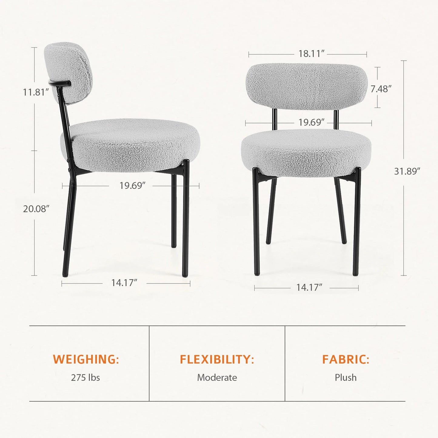 Ergonomic Round Dining Chairs Set of 2 Plush Fabric