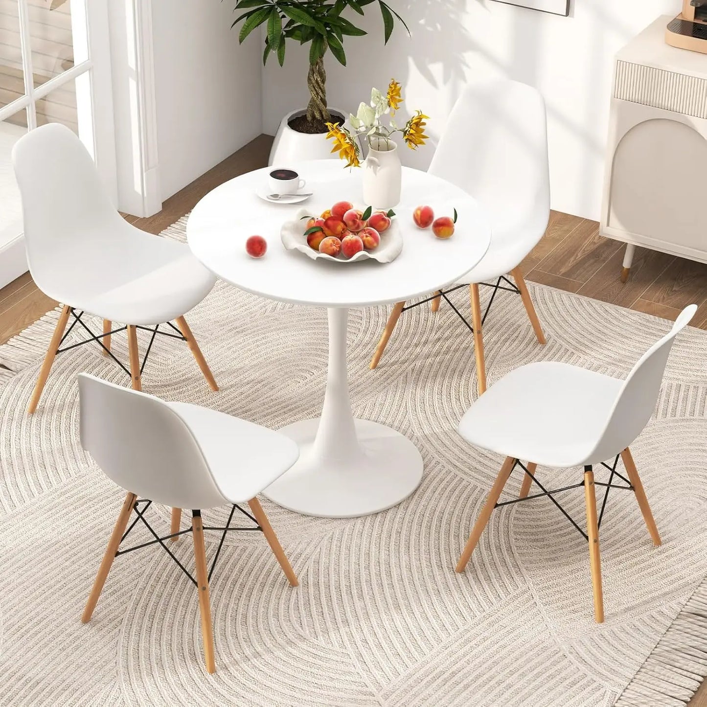 Round Dining Table Set for 4, Kitchen Table Set with Padded Seat & Solid Wood Legs, Round Kitchen Table and Chairs