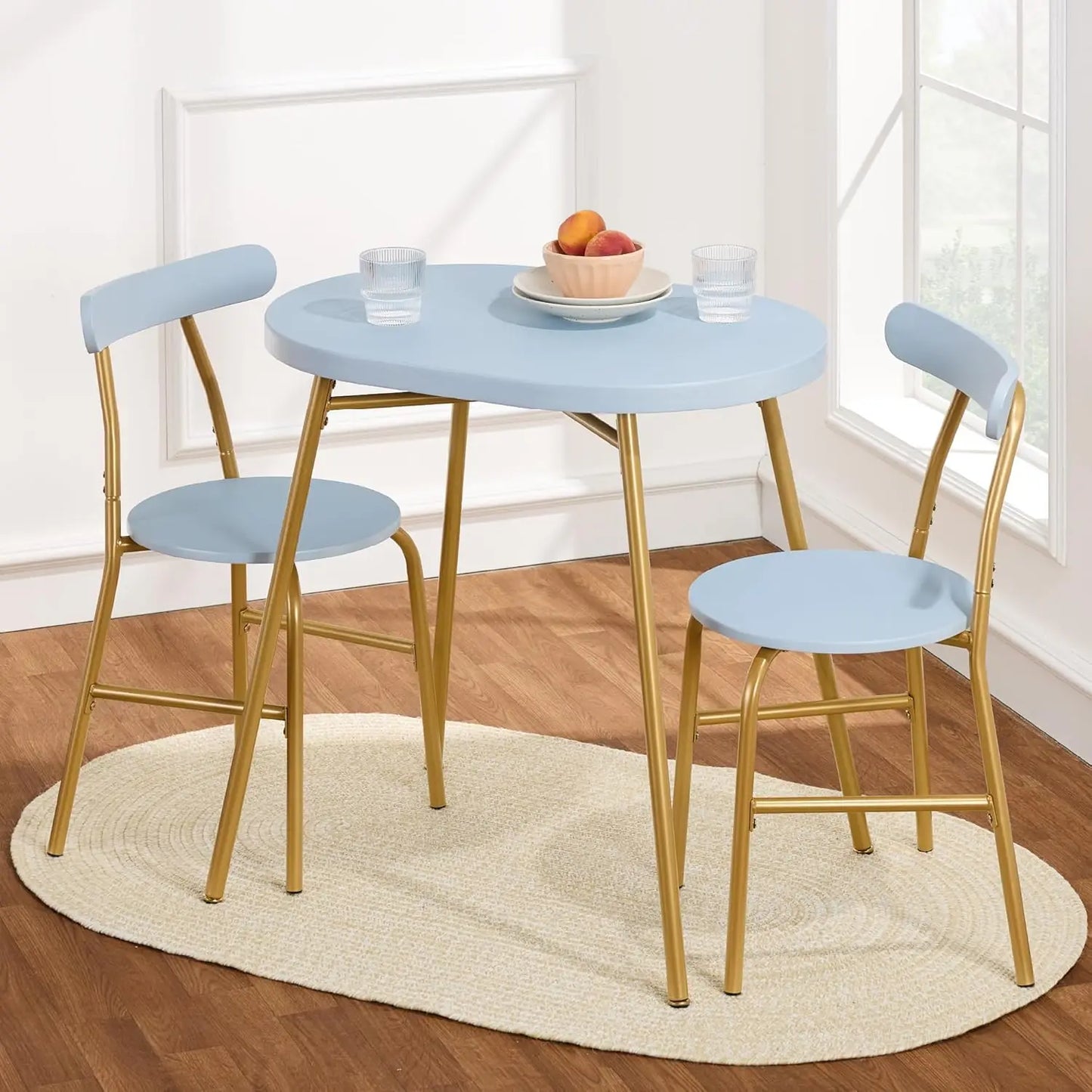 3-Piece Modern Oval Dining Table Set, Small Kitchen Dinette w/ 2 Chairs, Metal Frame, Curved Backrests