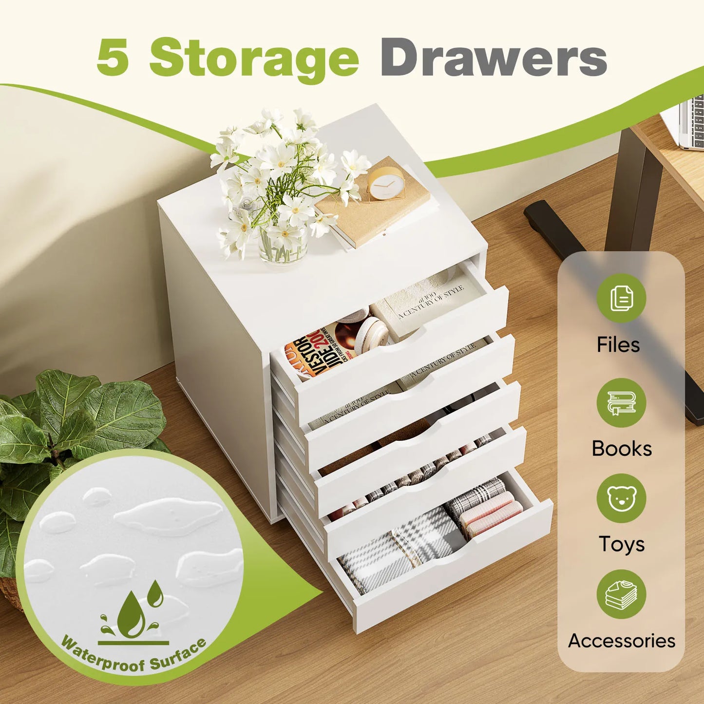 JHK Wood Nightstand Cabinet 5 Drawers Waterproof Surface Storage Organizer File Office Easy To Move Bedside Table Rotating Wheel