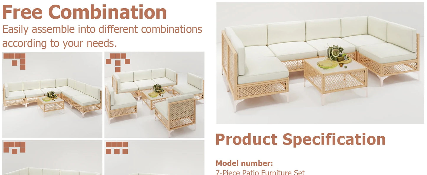 7 Piece Outdoor Patio Furniture Set, Outdoor Set with Glass Table and Cushions
