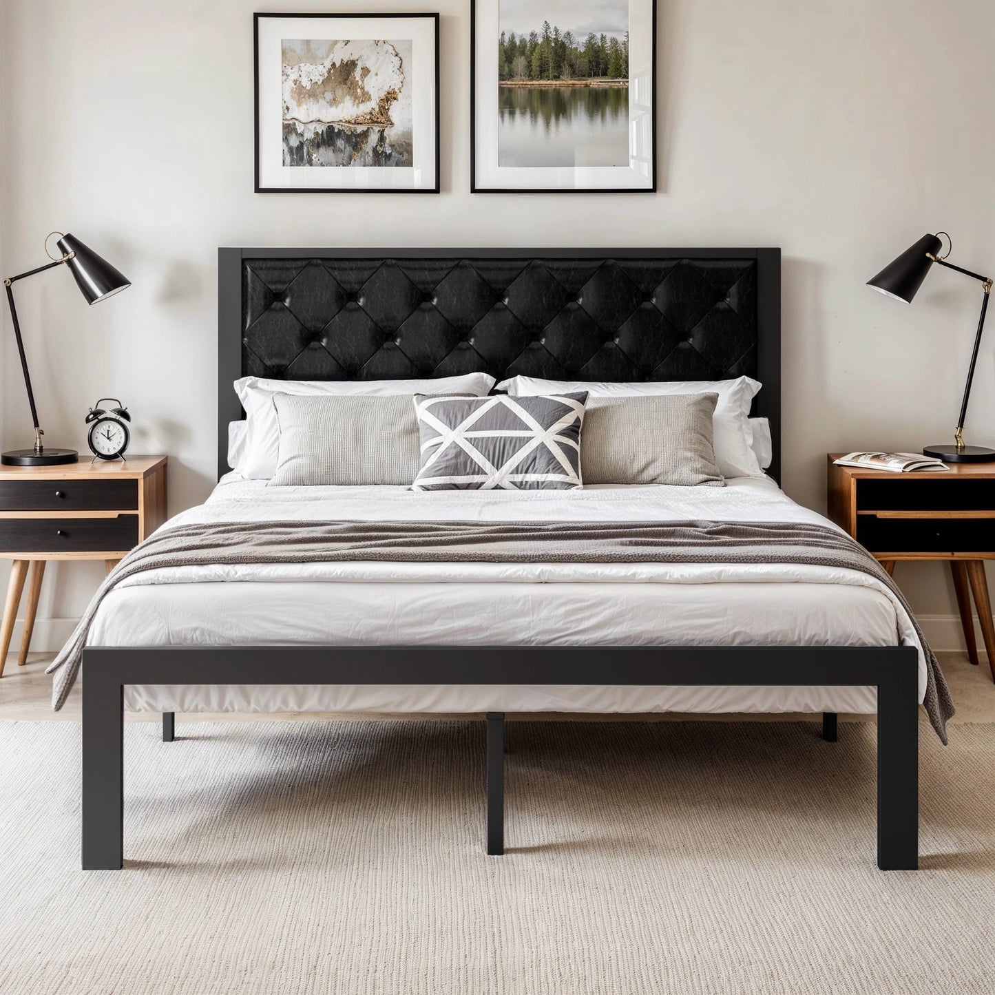 Bed Frame with Upholstered Finely Stitched Headboard - Queen, King, Full and Twin Sizes