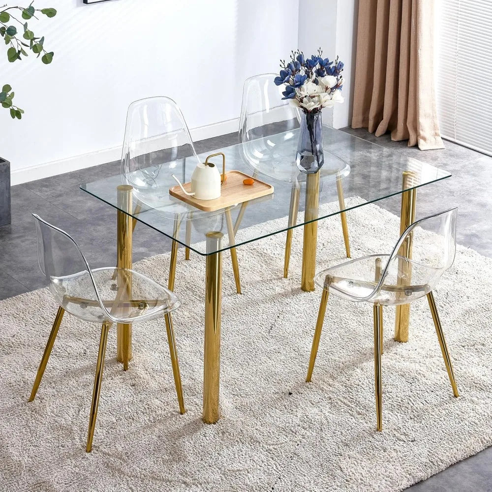 5 Pcs Modern Clear Glass Dining Table Set, 51'' Luxury Rectangular Kitchen Table Set, 4 Person Minimalist Dinner Room Table Set