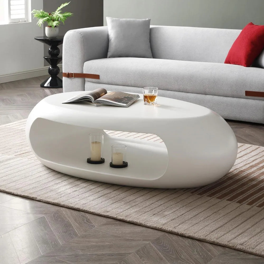 LUMISOL 53.93” Oval Coffee Table, Modern Sturdy Fiberglass Coffee Table with Storage Shelf, 2-Tier Center Cocktail Table for