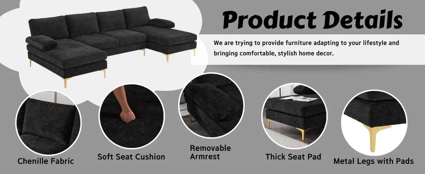 Sectional Sofa with Chaise Chenille Fabric Upholstered 4-Seat