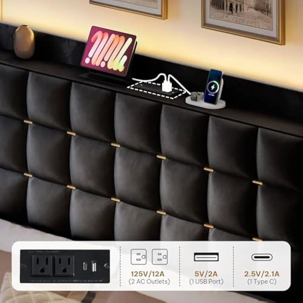 Queen Size Bed Frame with 3 Storage Drawers , Velvet Upholstered