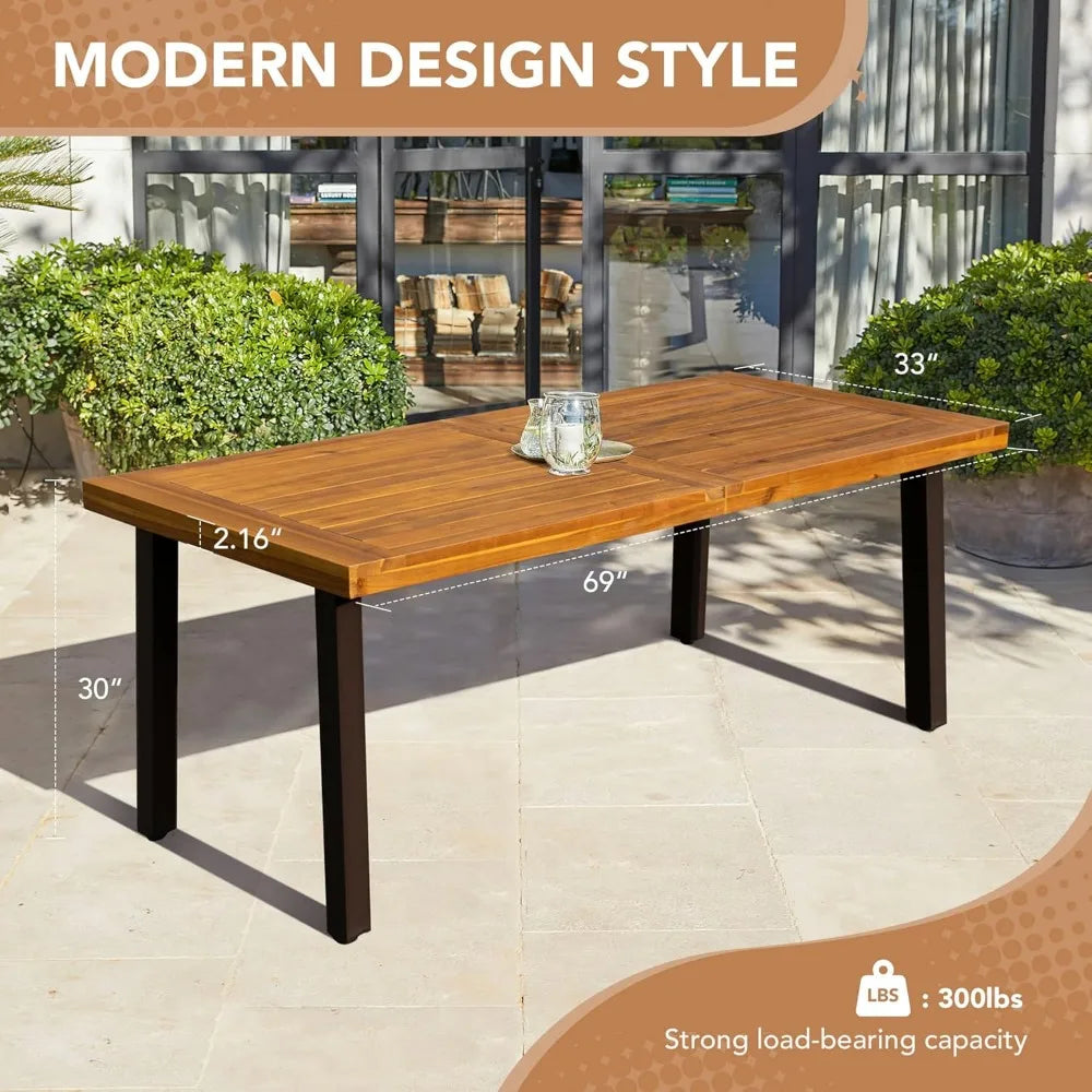 Acacia Wood Dining Table 6-Person Indoor Outdoor Tables with Iron Legs, Sandblast Finish, Natural Stained, Dining Table
