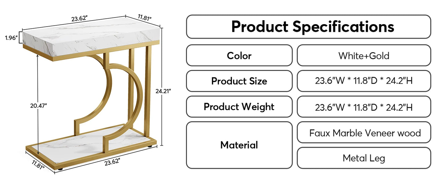 Tribesigns Narrow Side Table White Gold Side Table C Shaped End Table Modern Bedside Table Small Side Table for Couch