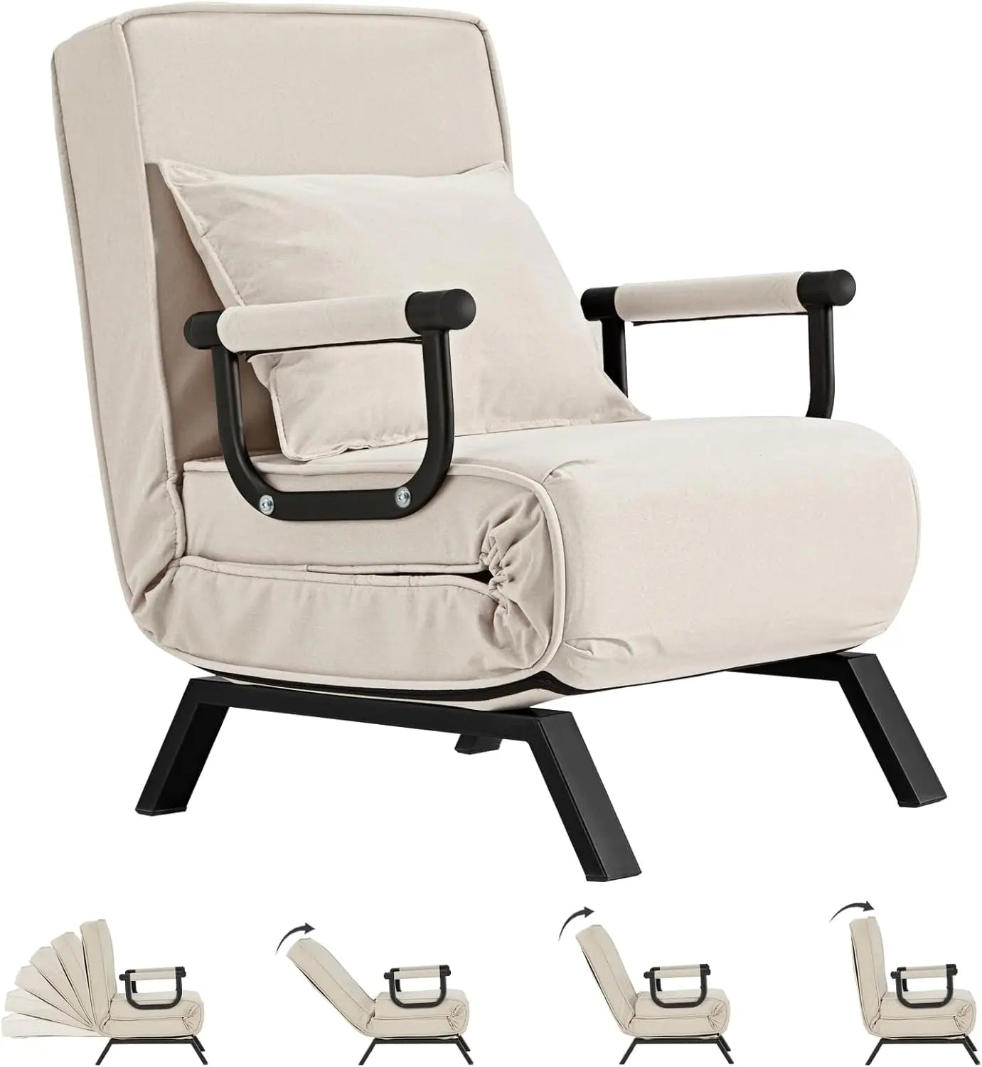 Convertible Chair, Tri-fold Upholstered Armchair Sleeper with Pillow