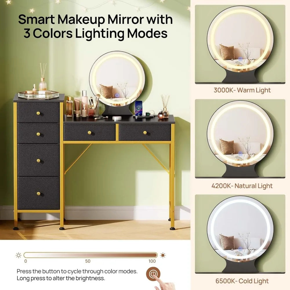 Vanity Desk with Mirror, Dresser with 6 Storage Drawers