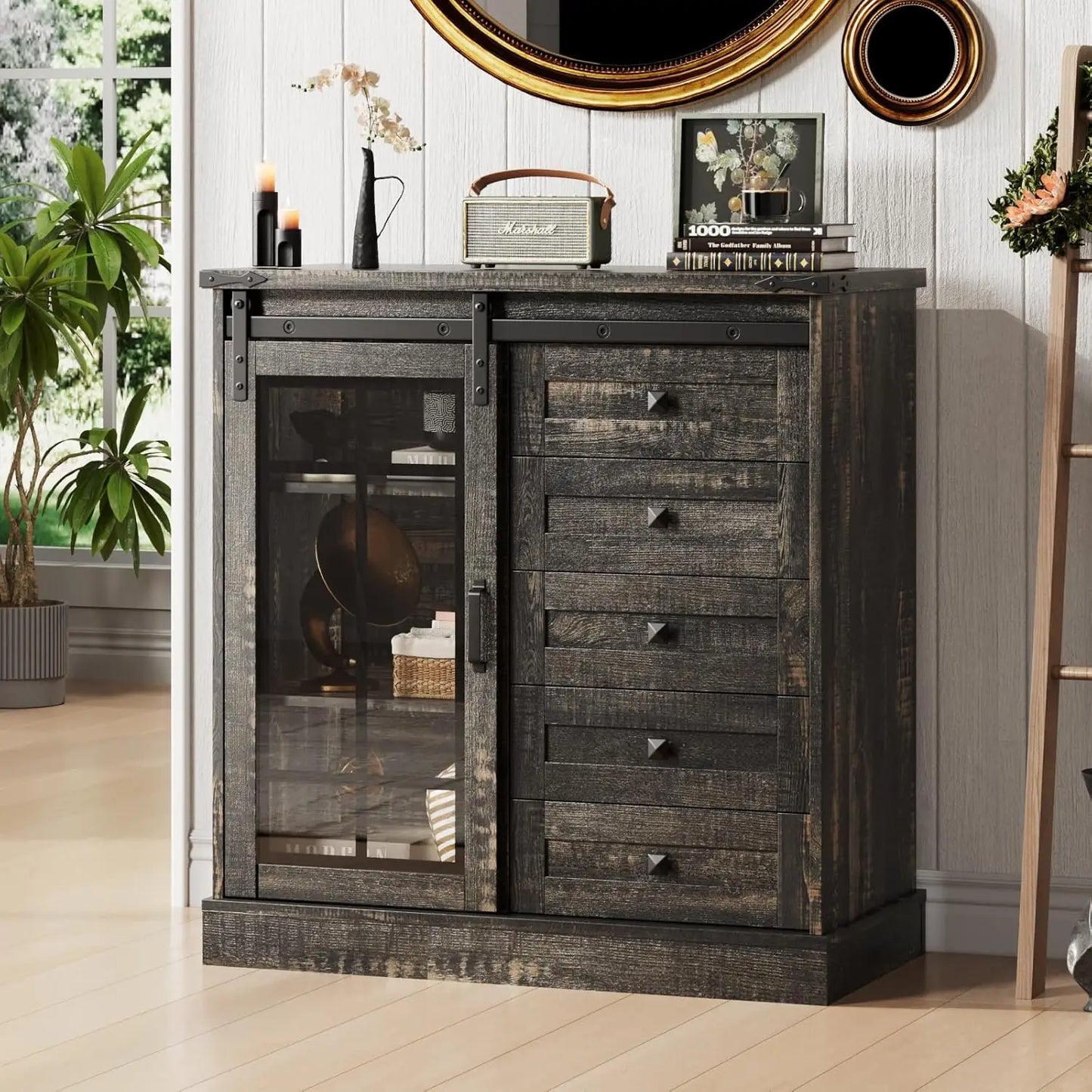 6 Drawer Dresser with Slide Glass Door Chest of Drawers