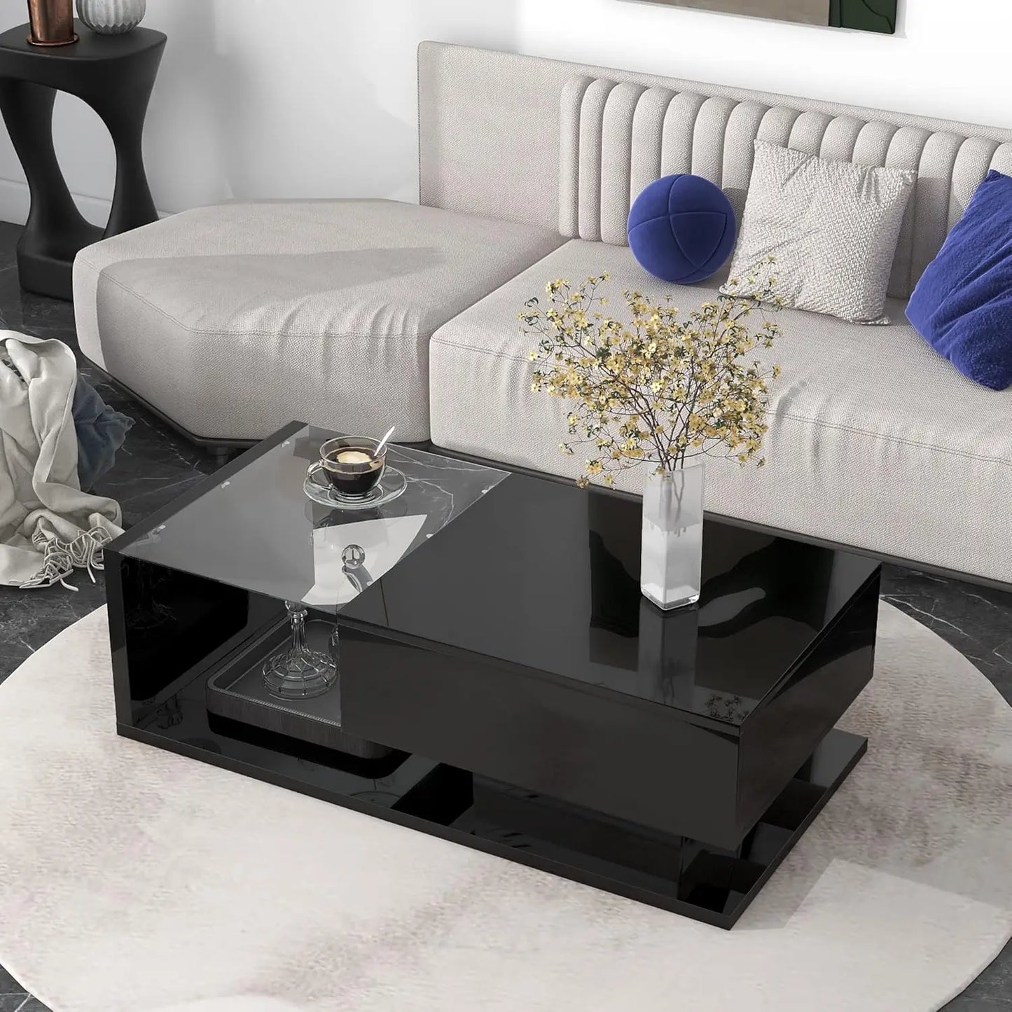 Coffee Table with Tempered Glass, Cocktail Table with High-Gloss UV Surface, Modernist 2-Tier Center Table for Living Room
