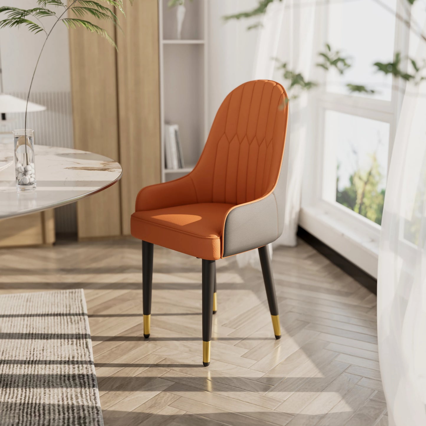 Faux Leather Dining Chair Set of 2, with Solid Wood Legs