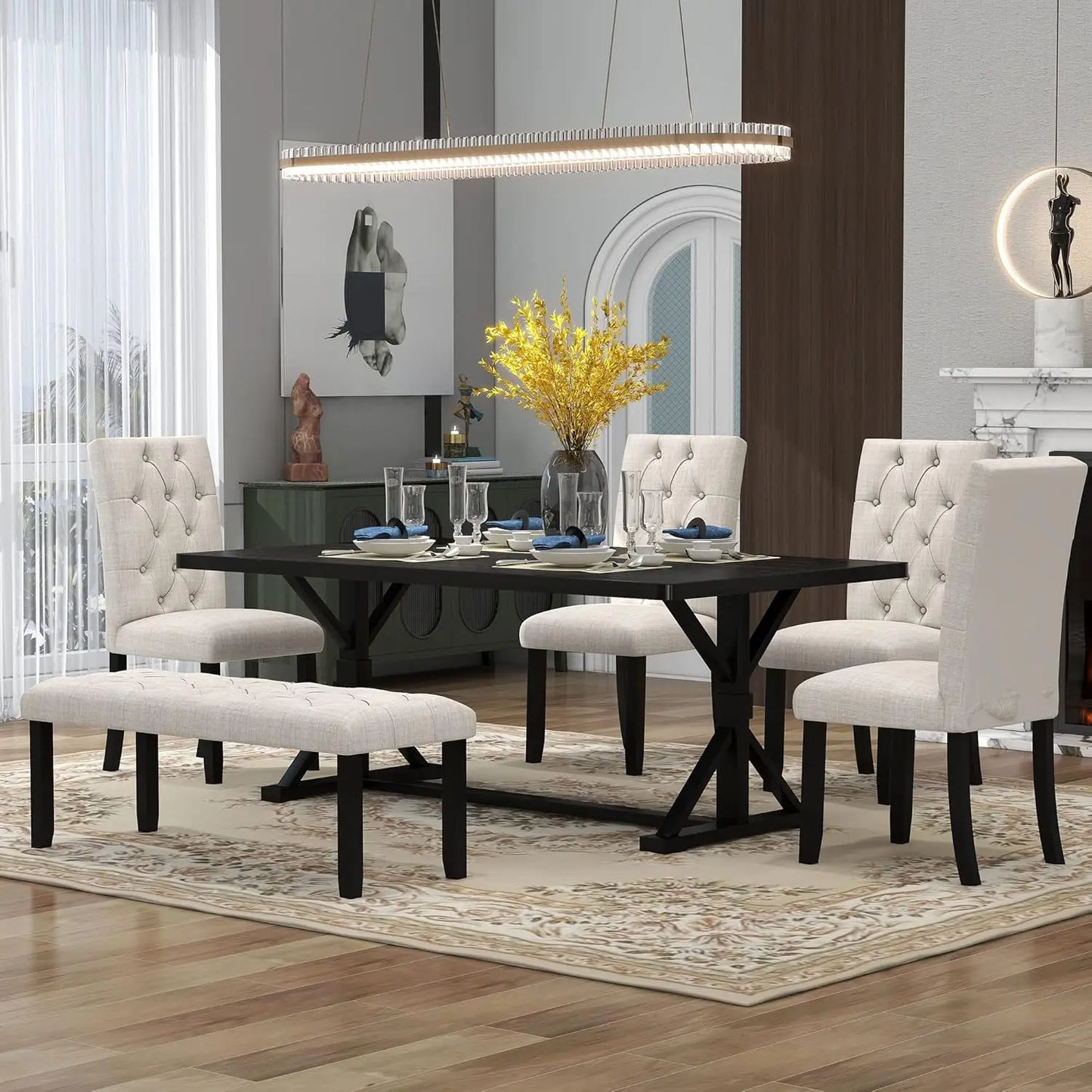 Farmhouse Dining Table Set for 6, Kitchen Table Set with Chairs and Bench, 6 Piece Solid Wood Dining Room Set with Trestle Table