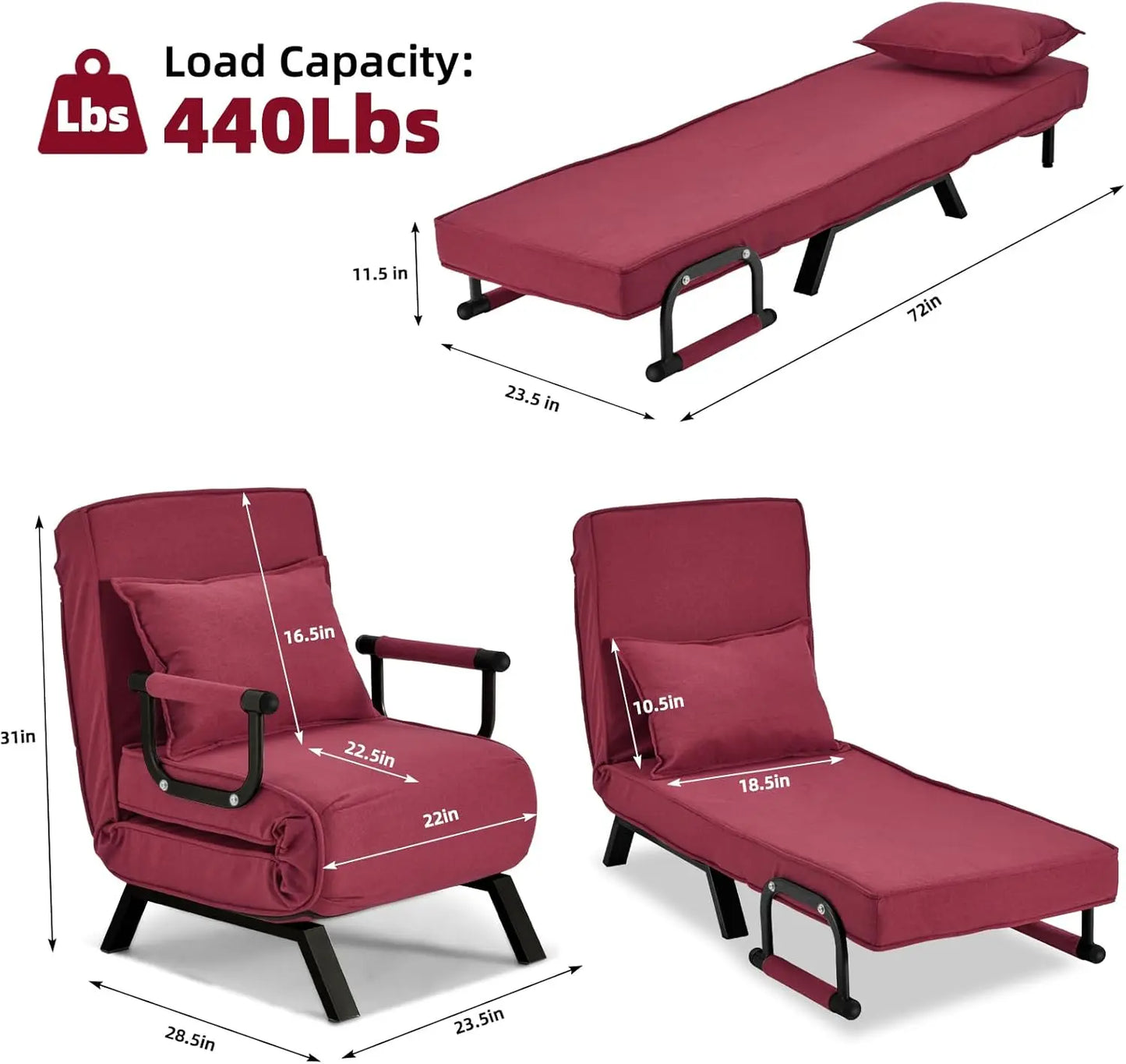 Convertible Chair, Tri-fold Upholstered Armchair Sleeper with Pillow