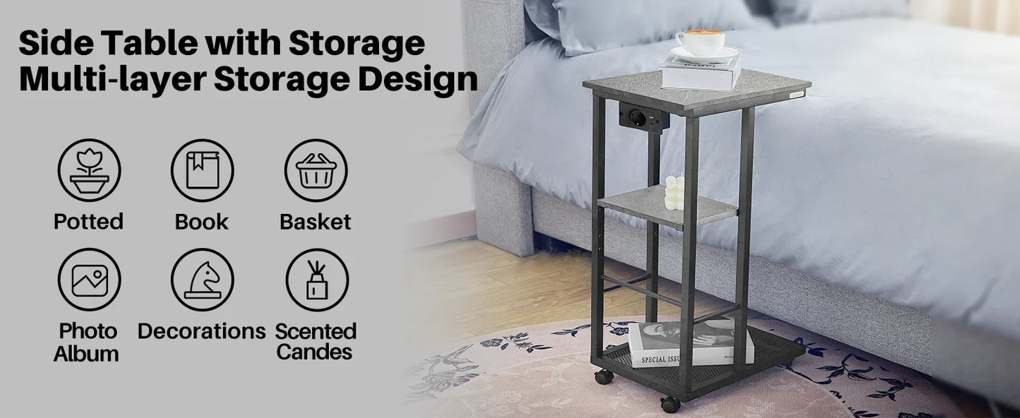 Redlife C Shaped End Table w/ Charging Station Side Table for Couch Sofa Table w/ Storage Shelf & Rolling Wheels for Small Space