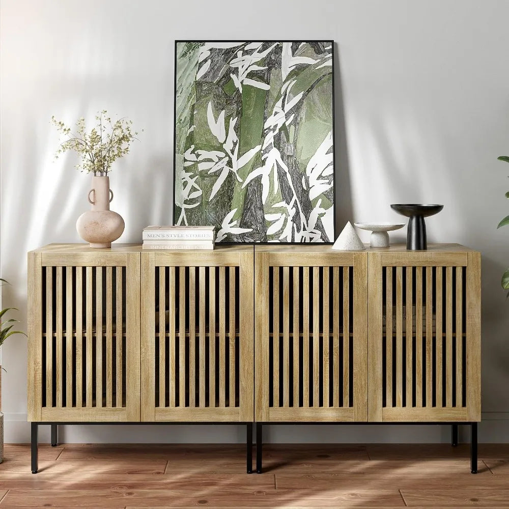 2 in 1 TV Stand with 4 Doors, Oak Sideboard, Metal Base