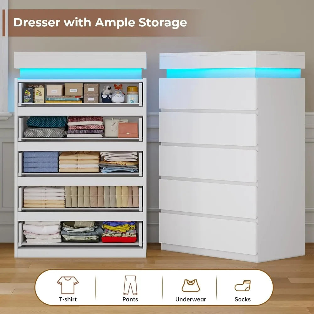 Tall 5 Drawer Dresser, Chest of Drawers with LED Light