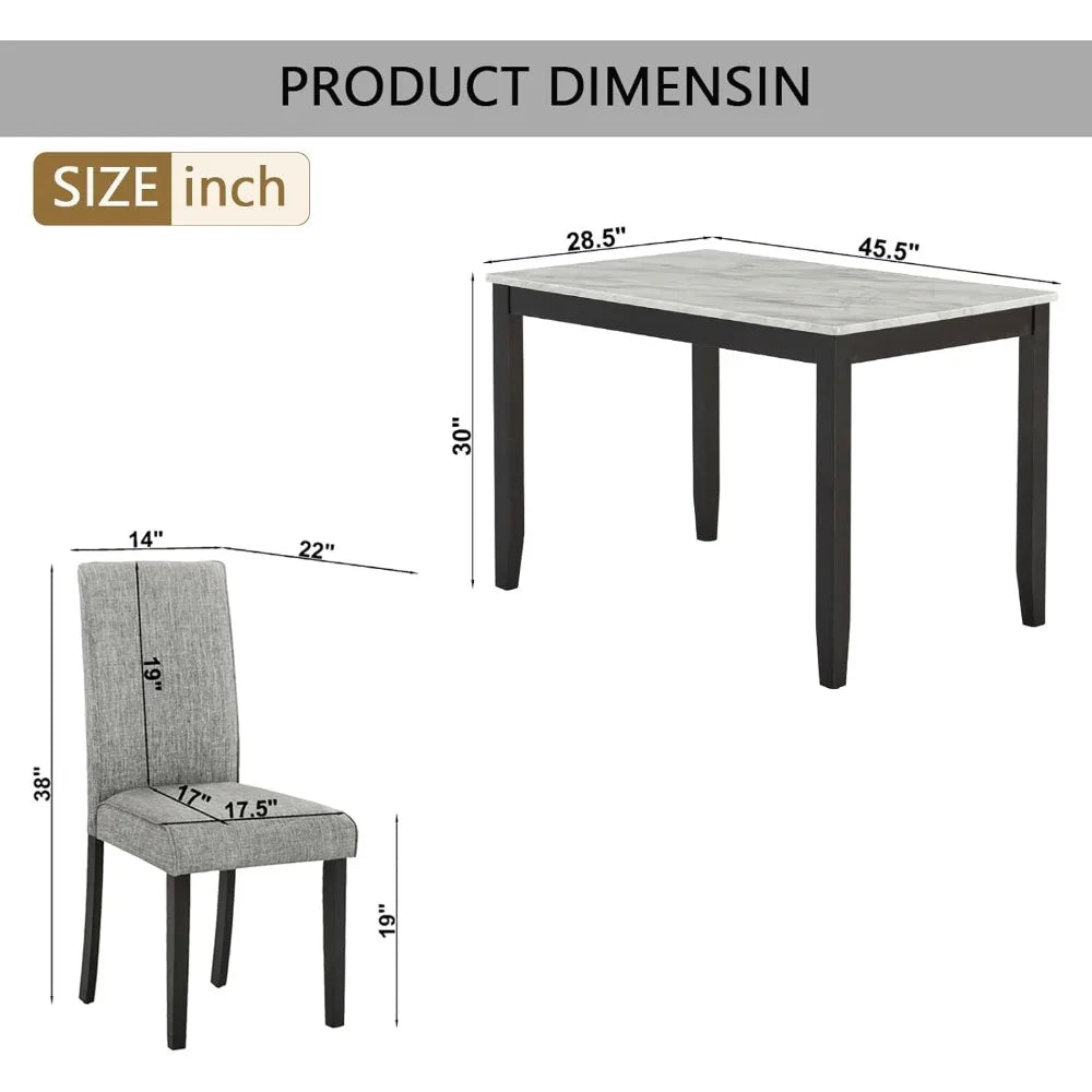5-Piece Faux Marble Dining Table Set with Upholstered Chairs - Modern Rubber Wood Kitchen Table, 45.5" Stain-Resistant Family
