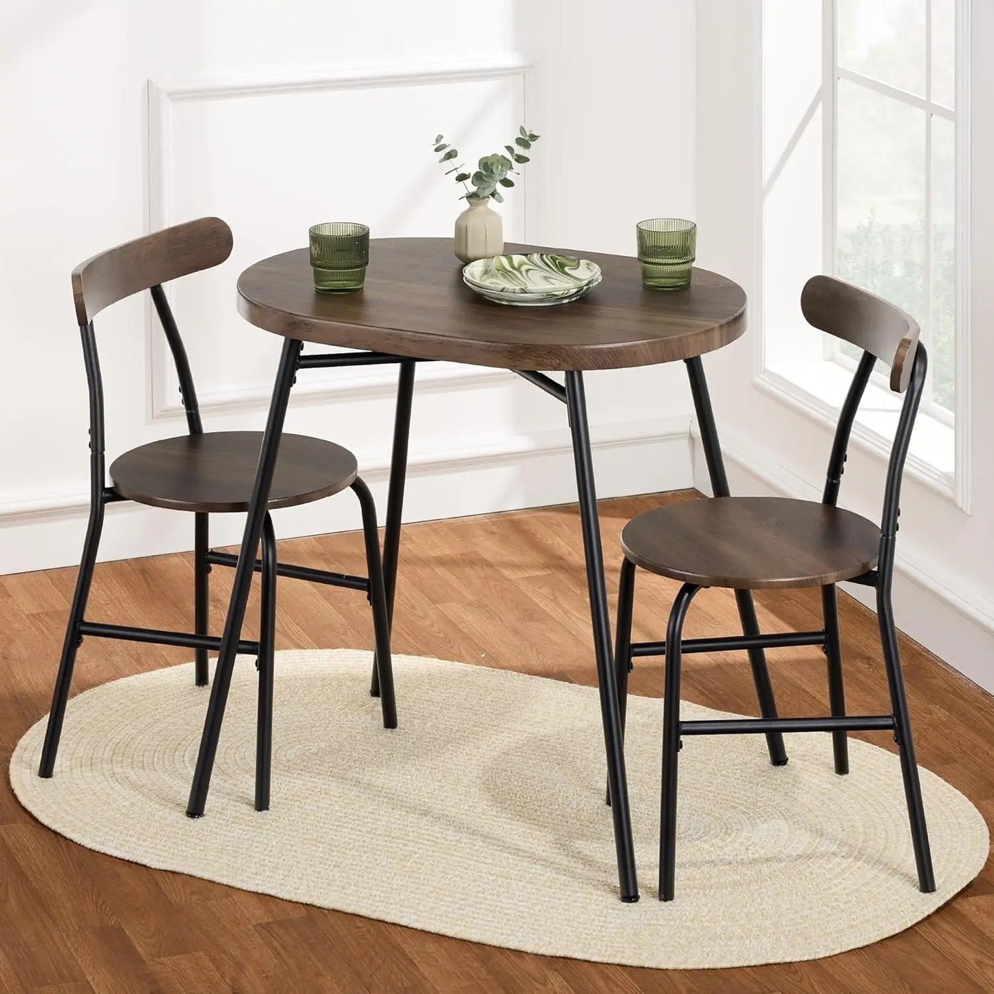 3-Piece Modern Oval Dining Table Set, Small Kitchen Dinette w/ 2 Chairs, Metal Frame, Curved Backrests