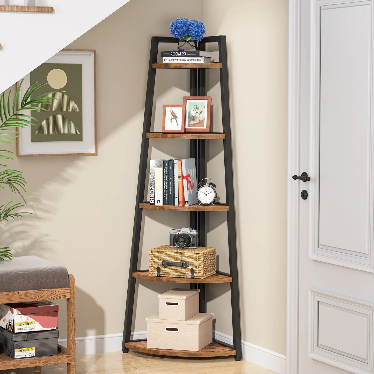 Corner Bookcase, Bookshelf with Rack Wood