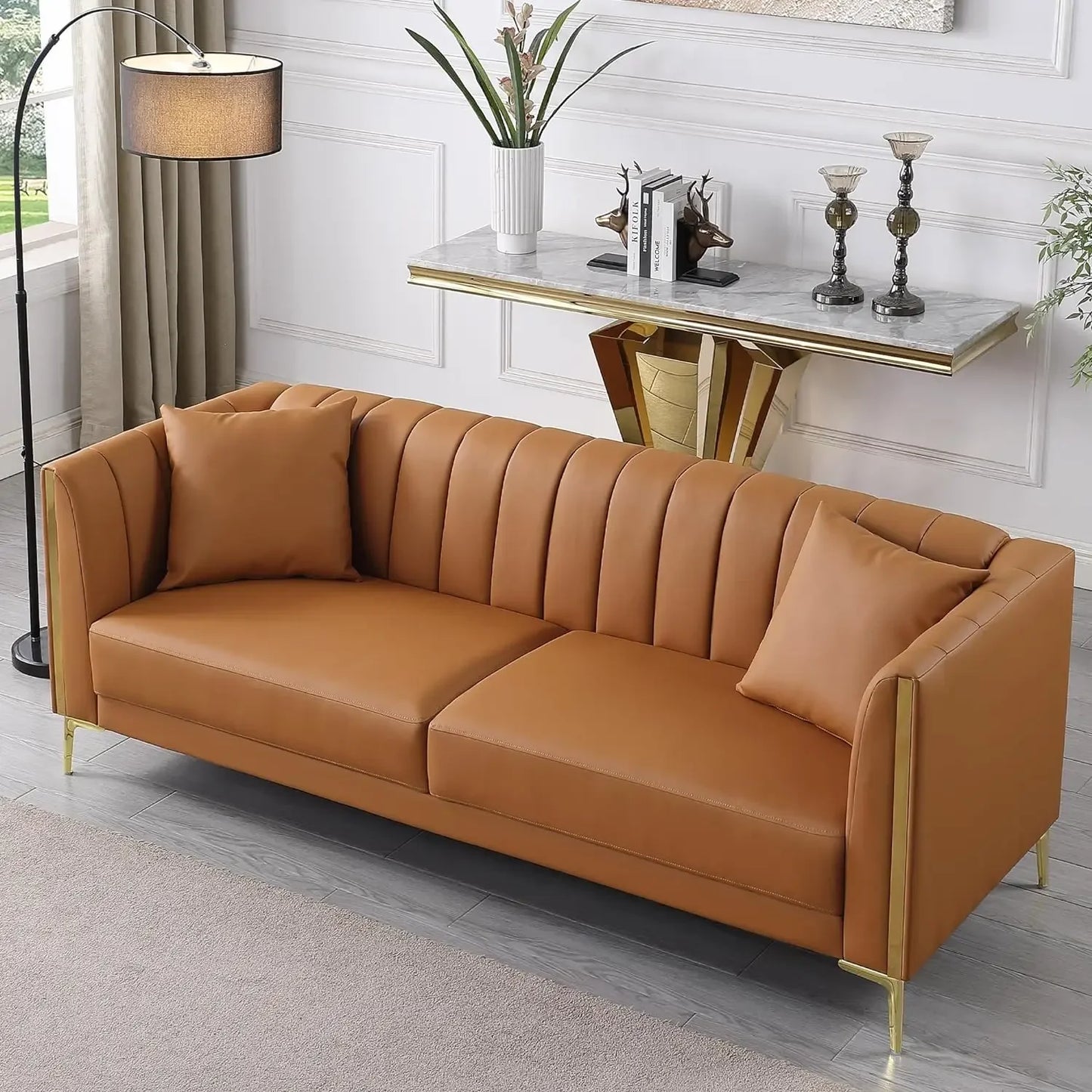 White Couches, Comfy, Faux Leather Sofa 3 Seater, 2 Throw Pillows