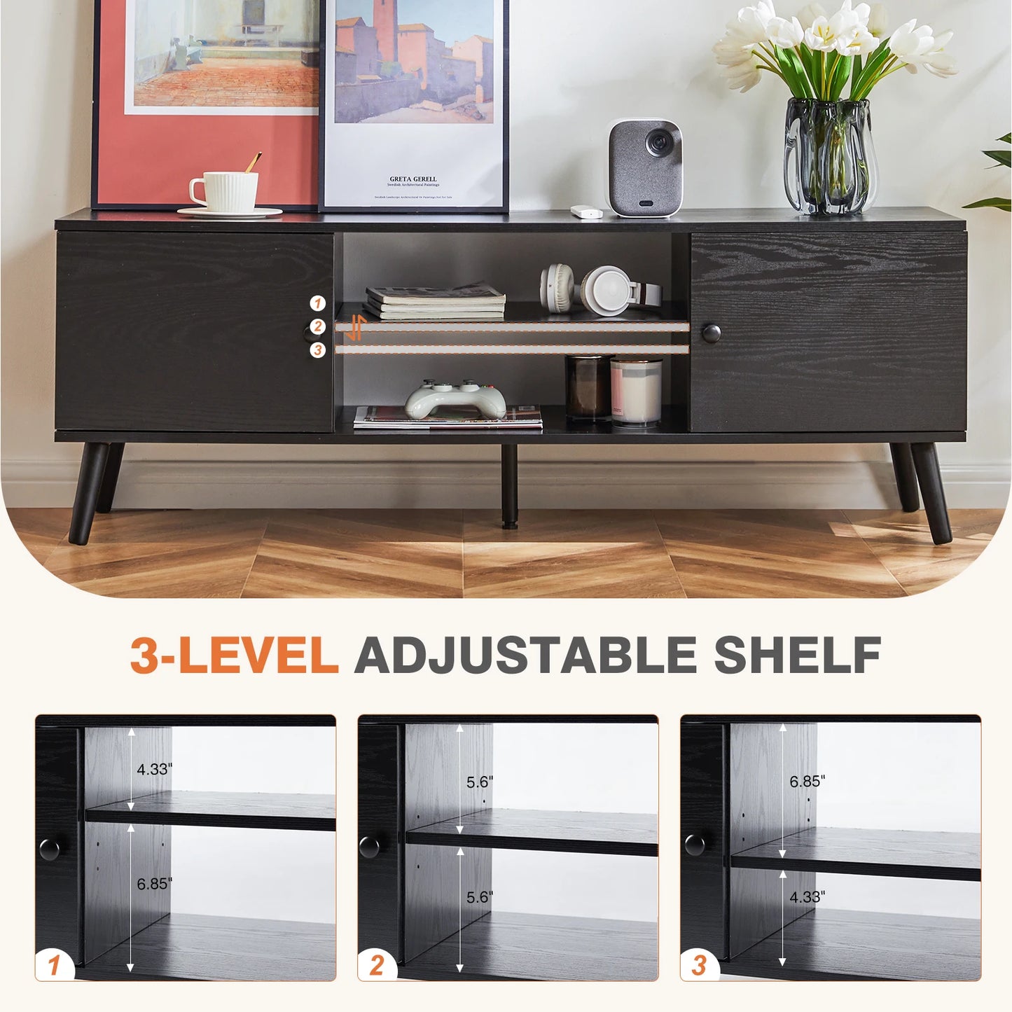 Fireplace TV Stand For Up To 60 Inch with Shelf 2 Storage
