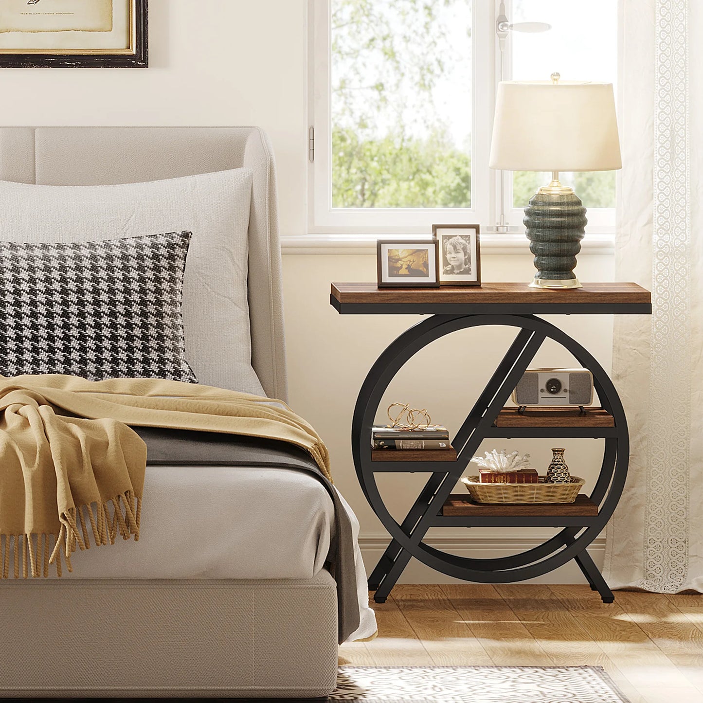 Tribesigns End Table, Narrow End Table with 3 Storage Shelves, Wooden Side Table, Industrial Small Sofa Side Table