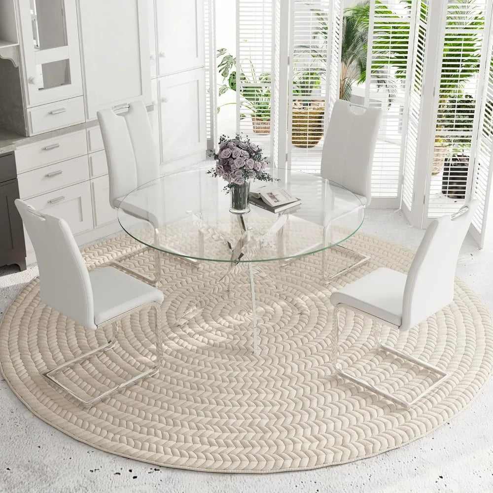 5-Piece Round Dining Table Set for 4, 47" Small Circle Tempered Glass Kitchen Table Set with Chrome Silver Leg, Upholstered