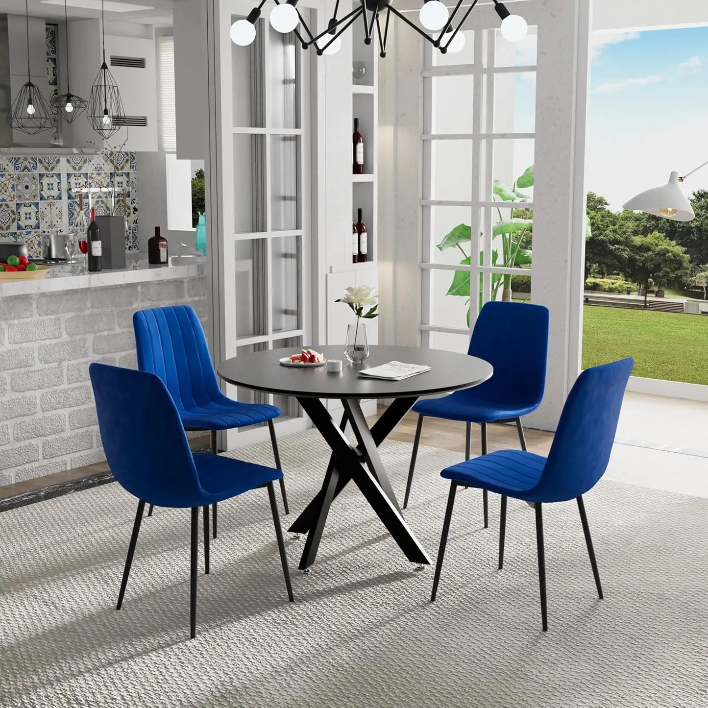 5 Piece Circle Dining Table Set for 4, 42 Inch Black Table & Velvet Upholstered Chairs With Sturdy Metal Legs, Round Kitchen